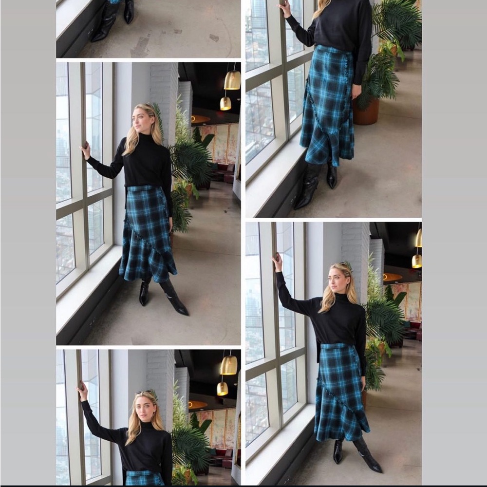 Plaid Check Ruffle Asymmetrical Midi Knee-Length High-Waist Modest Fringe Skirt - Picture 14 of 16
